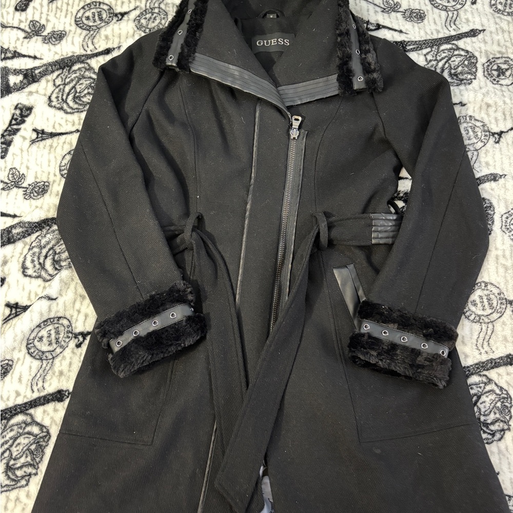 Guess Midi Coat Women's Size Medium Black 50% Wool Faux Fur Collar Cuffs